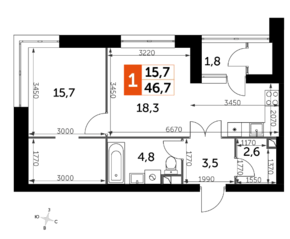 ЖК «Sky Garden», планировка 1-комнатной квартиры, 46.70 м²