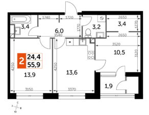 ЖК «Sky Garden», планировка 2-комнатной квартиры, 55.90 м²