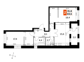 ЖК «Sky Garden», планировка 2-комнатной квартиры, 69.60 м²