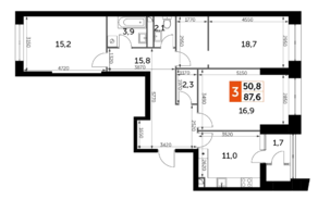 ЖК «Sky Garden», планировка 3-комнатной квартиры, 87.60 м²