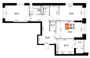 ЖК «Sky Garden», планировка 3-комнатной квартиры, 88.90 м²