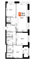 ЖК «Sky Garden», планировка 4-комнатной квартиры, 101.60 м²