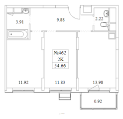 ЖК «Новотомилино», планировка 2-комнатной квартиры, 54.66 м²