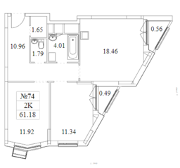 ЖК «Новотомилино», планировка 2-комнатной квартиры, 61.18 м²