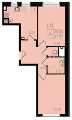 МЖК «Бристоль Москва», планировка 2-комнатной квартиры, 49.10 м²