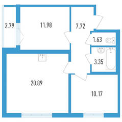 ЖК «Aerocity 4», планировка 2-комнатной квартиры, 57.14 м²