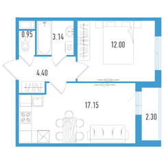 ЖК «Aerocity 5», планировка 1-комнатной квартиры, 38.79 м²