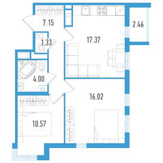 ЖК «Aerocity 5», планировка 2-комнатной квартиры, 57.67 м²