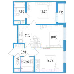 ЖК «Aerocity 5», планировка 3-комнатной квартиры, 58.63 м²