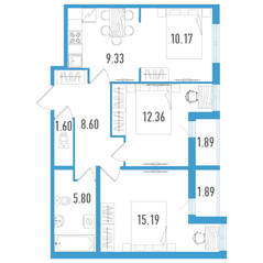 ЖК «Aerocity 5», планировка 3-комнатной квартиры, 64.93 м²