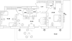 ЖК «БелАрт», планировка 2-комнатной квартиры, 100.07 м²