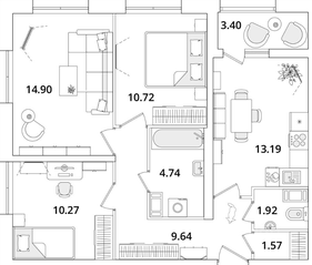 ЖК «БелАрт», планировка 3-комнатной квартиры, 68.65 м²