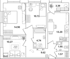 ЖК «БелАрт», планировка 3-комнатной квартиры, 68.67 м²