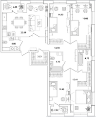 ЖК «БелАрт», планировка 4-комнатной квартиры, 115.23 м²