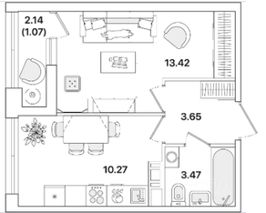 ЖК «Академик», планировка 1-комнатной квартиры, 31.88 м²