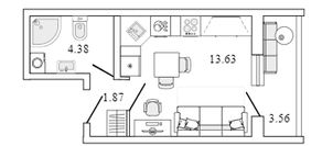 ЖК «Master Place», планировка студии, 21.66 м²