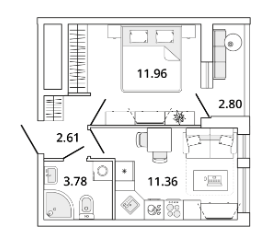 ЖК «Master Place», планировка 1-комнатной квартиры, 31.11 м²