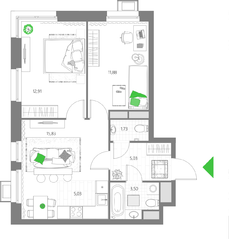 ЖК «Талисман на Рокоссовского», планировка 3-комнатной квартиры, 55.90 м²