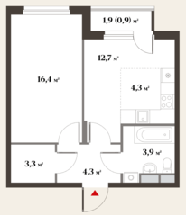 ЖК Миниполис «Восемь кленов», планировка 2-комнатной квартиры, 45.80 м²