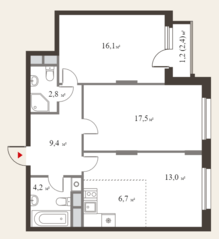 ЖК Миниполис «Восемь кленов», планировка 3-комнатной квартиры, 70.90 м²