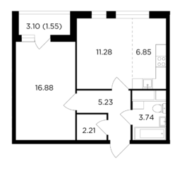 ЖК «Одинград. Квартал Семейный», планировка 2-комнатной квартиры, 47.74 м²