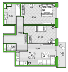 ЖК «FRIENDS», планировка 2-комнатной квартиры, 62.91 м²