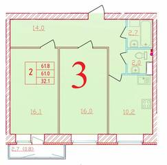 ЖК «Новый мир», планировка 2-комнатной квартиры, 61.80 м²