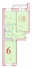 ЖК «Новый мир», планировка 2-комнатной квартиры, 60.00 м²