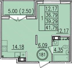 МЖК «Образцовый квартал 13», планировка 1-комнатной квартиры, 41.79 м²