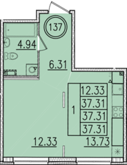 МЖК «Образцовый квартал 13», планировка 1-комнатной квартиры, 37.31 м²