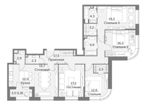 ЖК «Режиссер», планировка 4-комнатной квартиры, 132.10 м²