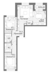 ЖК «Режиссер», планировка 3-комнатной квартиры, 77.30 м²