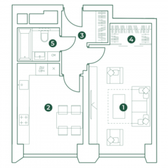 МФК «Very», планировка 1-комнатной квартиры, 42.57 м²