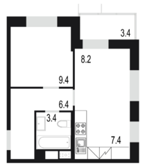 ЖК «Союзный», планировка 2-комнатной квартиры, 38.20 м²