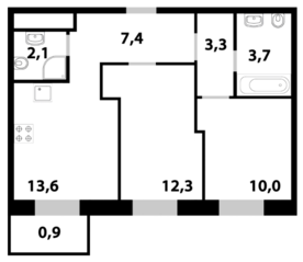 ЖК «Союзный», планировка 2-комнатной квартиры, 53.30 м²