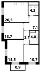 ЖК «Союзный», планировка 3-комнатной квартиры, 79.60 м²