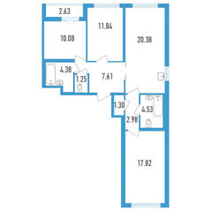 ЖК «Aerocity 4», планировка 3-комнатной квартиры, 84.09 м²