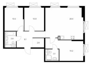 ЖК «Кузьминский лес», планировка 3-комнатной квартиры, 81.60 м²