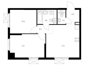 ЖК «Римского-Корсакова 11», планировка 2-комнатной квартиры, 51.20 м²