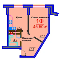 ЖК «Эдельвейс Комфорт», планировка 1-комнатной квартиры, 45.50 м²