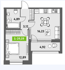 ЖК «Аквилон Leaves», планировка 2-комнатной квартиры, 39.59 м²