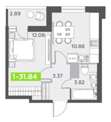 ЖК «Аквилон All in 3.0», планировка 1-комнатной квартиры, 31.84 м²