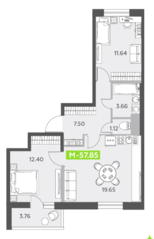 ЖК «Аквилон All in 3.0», планировка 3-комнатной квартиры, 57.85 м²