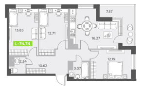 ЖК «Аквилон All in 3.0», планировка 4-комнатной квартиры, 74.74 м²