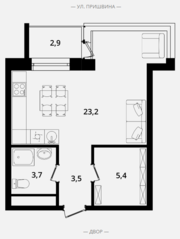 Апарт-отель «Клубный дом на Пришвина», планировка студии, 35.80 м²