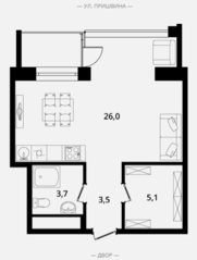 Апарт-отель «Клубный дом на Пришвина», планировка студии, 49.80 м²