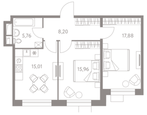 ЖК «LIFE-Варшавская», планировка 2-комнатной квартиры, 62.79 м²