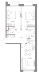 ЖК «LIFE-Варшавская», планировка 2-комнатной квартиры, 71.42 м²