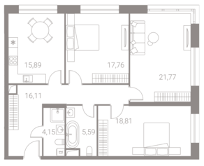 ЖК «LIFE-Варшавская», планировка 3-комнатной квартиры, 100.08 м²