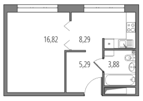 Апарт-комплекс «Новое Вашутино», планировка 1-комнатной квартиры, 34.28 м²